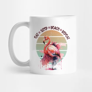 Eat Sleep Beach Repeat Pink Flamingo Retro Sunset Watercolor Art Mug